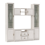 Шкаф комбинированный 06.87 "Габриэлла" New (вудлайн кремовый/ПВХ Сандал белый/профиль Аруша венге с патиной/ стекло св. с песк/латунь) (осн.)